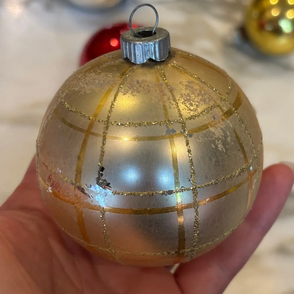 Assorted Vintage MCM Glass Ball Christmas Ornaments Red Gold Silver Set 6pc